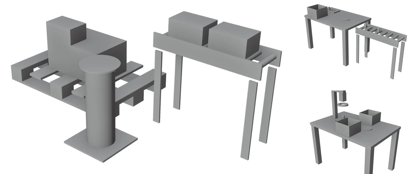 Drie 3D-ontwerpen van werkcellen voor een cobot: palletiseren, pick-and-place en inspectie