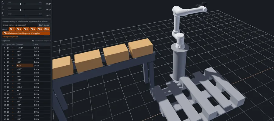 Schermafdruk van Forge Studio: een cobot naast een transportband met dozen en een pallet