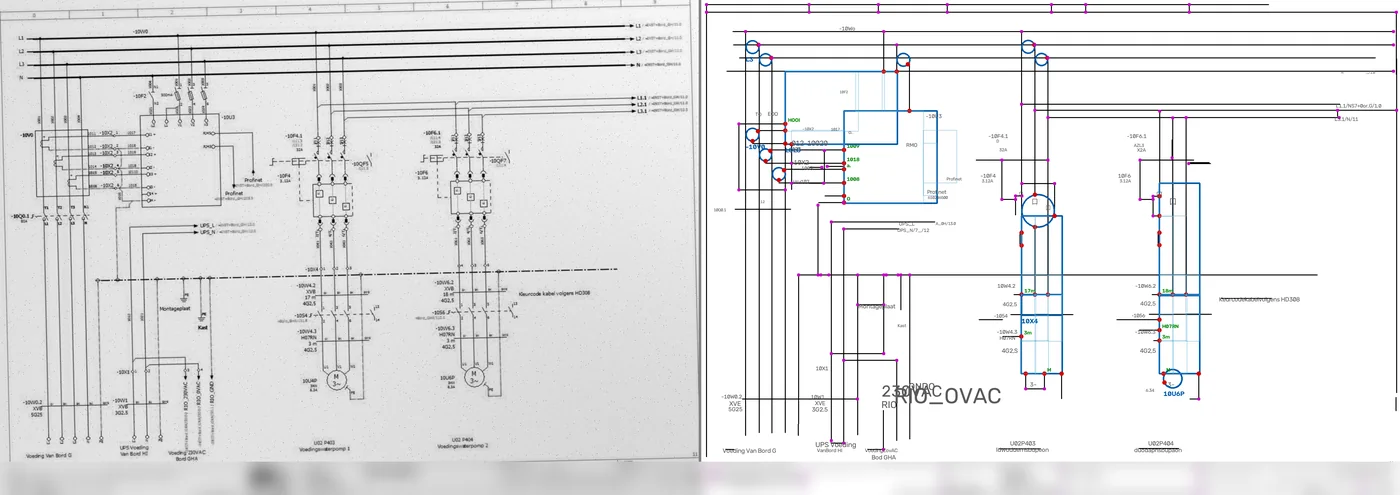 Ingescand elektrisch schema naast dezelfde tekening als bewerkbaar vectorbestand